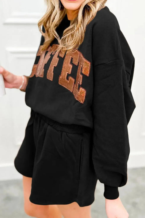 'First COFFEE' Sequin Long Sleeve Top and Shorts Set - Celes Fashion